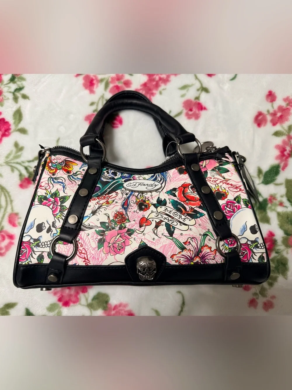 Ed Hardy Pink Floral & Skull Tattoo-Print Satchel with Black Trim
